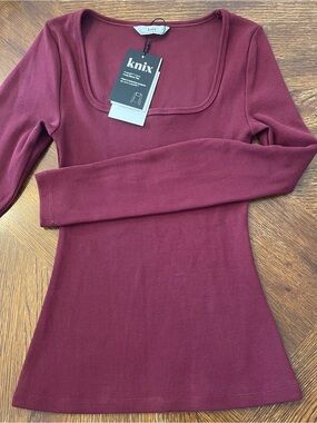 knix Women's Square Neck Ribbed Long Sleeve Top - cherry red size medium